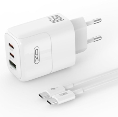 мережевий зарядний пристрій xo l139 1usb/18w/qc3.0 + 2type-c/65w/pd + (type-c - type-c) (бiлий) 