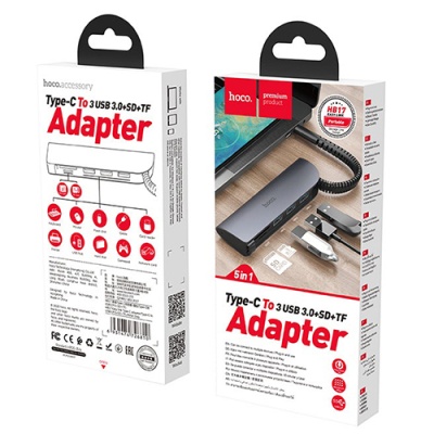 usb hub hoco hb17 (type-c to usb3.0*3+sd+tf) (сірий) 