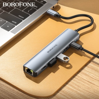 usb hub borofone dh16 6-в-1 type-c to hdmi+pd+usb3.0+usb2.0*2+rj45(l=0.15m) (сірий) 