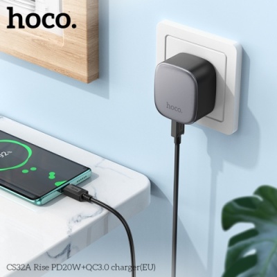 мережевий зарядний пристрій hoco cs32a rise 1usb/18w/qc3.0 + 1type-c/20w/pd (чорний) 
