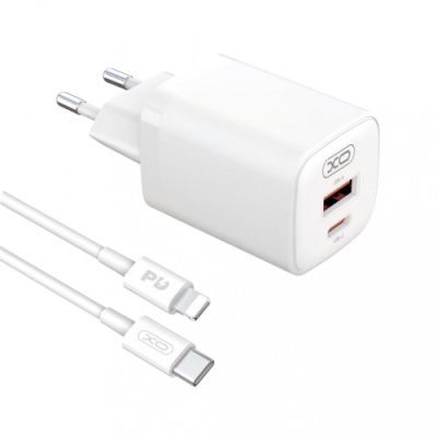 мережевий зарядний пристрій xo l96 1usb/18w/qc3.0 + 1type-c/30w/pd + (type-c - lightning) (бiлий) 