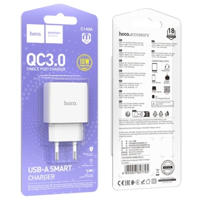 мережевий зарядний пристрій hoco c140a 1usb/18w/qc3.0 (білий) 
