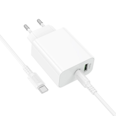 мережевий зарядний пристрій borofone ba108a 1usb/18w/qc3.0 + 1type-c/30w/pd + (type-c - type-c) (білий) 