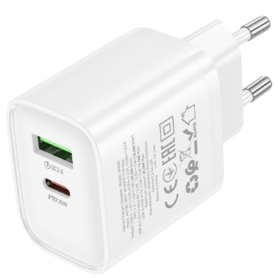 мережевий зарядний пристрій borofone ba83a 1usb/18w/qc3.0 + 1type-c/20w/pd (білий) 