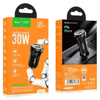 Автомобільний Зарядний Пристрій Hoco NZ5 Smooth road 1USB/30W/QC3.0 + 1Type-C/30W/PD (Чорний)