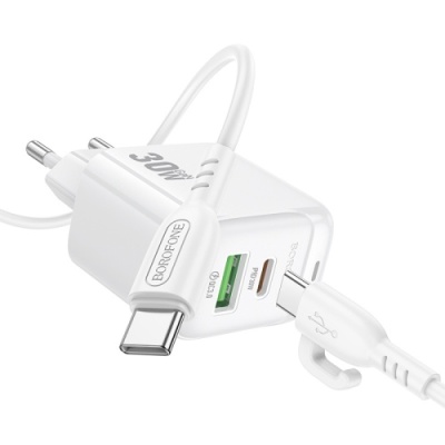 мережевий зарядний пристрій borofone bas45a 1usb/18w/qc3.0 + 1type-c/30w/pd + (type-c - type-c) (білий) 