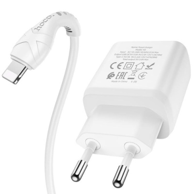 мережевий зарядний пристрій hoco n5 1usb/18w/qc3.0 + 1type-c/20w/pd + (type-c - lightning) (білий) 