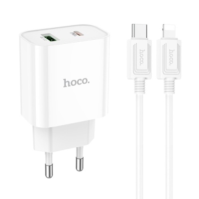 мережевий зарядний пристрій hoco c80a plus 1usb/18w/qc3.0 + 1type-c/20w/pd + (type-c - lightning) (білий) 