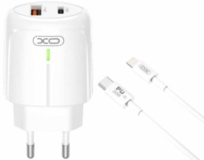 мережевий зарядний пристрій xo l114 1usb/18w/qc3.0 + 1type-c/20w/pd + (type-c - lightning) (бiлий) 