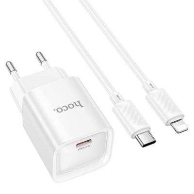 мережевий зарядний пристрій hoco c146a 1type-c/20w/pd + (type-c - lightning) (білий) 