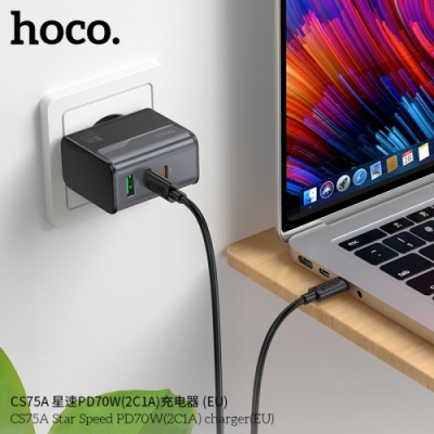 мережевий зарядний пристрій hoco cs75a 1usb/18w/qc3.0 + 2type-c/70w/pd (чорний) 
