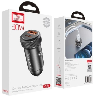 Автомобільний зарядний пристрій Earldom ES-CC41 Aluminium 30W 1USB/QC3.0 + 1Type-C/PD (Чорний)