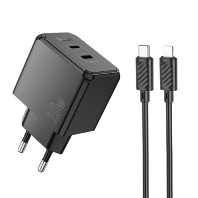 мережевий зарядний пристрій hoco cs16a 1lightning + 1type-c/20w/pd + (type-c - lightning) (чорний) 