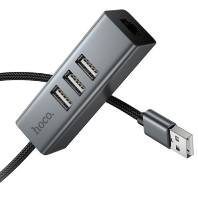 usb hub hoco hb1d 4in1 (usb to usb2.0*3+rj45) (сірий) 