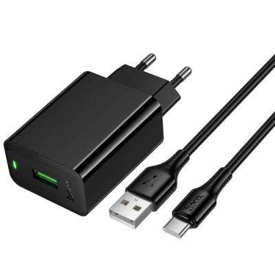 мережевий зарядний пристрій hoco cs92a 1usb/18w/qc3.0 + (usb - type-c) (чорний) 