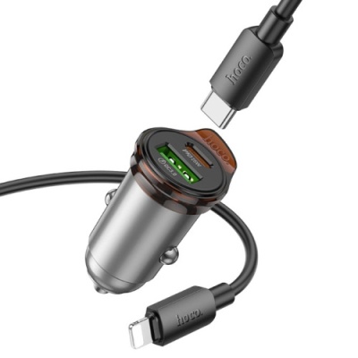 Автомобільний Зарядний Пристрій Hoco NZ16A PD25W+QC3.0 (1USB/1Type-C) + (Type-C - Lightning) (сірий)