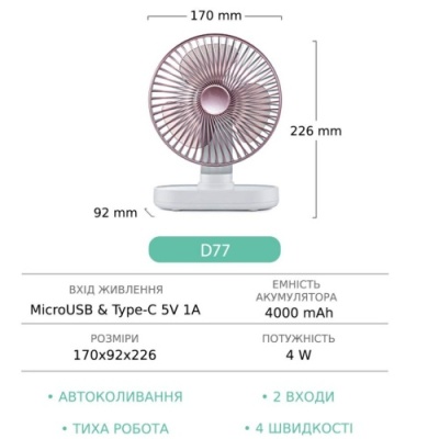 настільний бездротовий вентилятор gxqc d77 (рожево-золотий) 