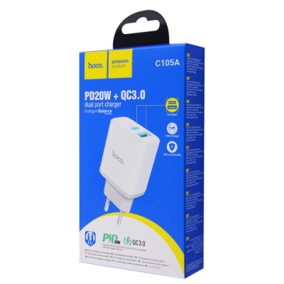 мережевий зарядний пристрій hoco c105a 1usb/18w/qc3.0 + 1type-c/20w/pd (білий) 