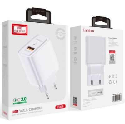 мережевий зарядний пристрій earldom es-eu35c 1usb/qc3.0/18w + (usb - type-c) (білий) 