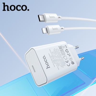 мережевий зарядний пристрій hoco c143a 1type-c/20w/pd + (type-c - lightning) (білий) 