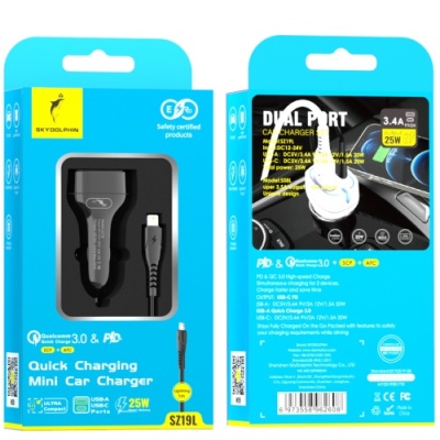 Автомобільний Зарядний Пристрій SkyDolphin SZ19L 1USB/20W/QC3.0 + 1Type-C/20W/PD + (USB - Lightning) (Чорний)