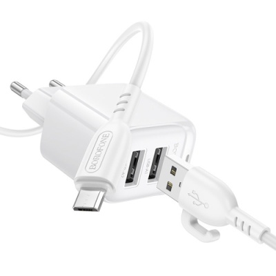 мережевий зарядний пристрій borofone bas41a 2usb/12w/2.4a + (usb - microusb) (білий) 