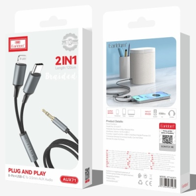 кабель aux earldom et-aux71 2in1 3.5mm minijack to lightning/type-c 120см black 