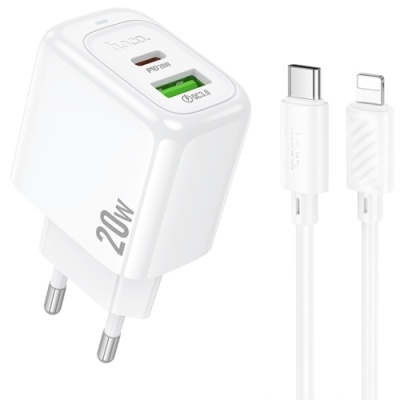 мережевий зарядний пристрій hoco cs54a 1usb/18w/qc3.0 + 1type-c/20w/pd + (type-c - lightning) (білий) 