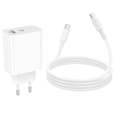 мережевий зарядний пристрій borofone ba108a 1usb/18w/qc3.0 + 1type-c/30w/pd + (type-c - type-c) (білий) 