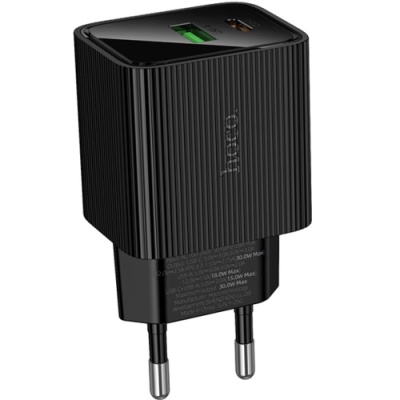 мережевий зарядний пристрій hoco cs84a 1usb/18w/qc3.0 + 1type-c/30w/pd (чорний) 
