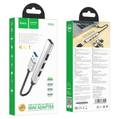 usb hub hoco hb26 4-in-1 adapter (usb to usb3.0+usb2.0*3) (сріблястий) 