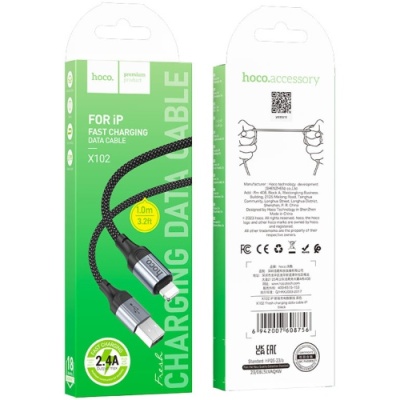 кабель hoco x102 usb - lightning 2.4a/1m (чорний) 