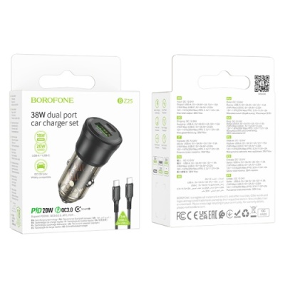 Автомобільний Зарядний Пристрій Borofone BZ25 38W 1USB/18W/QC3.0 + 1Type-C/20W/PD + (Type-C - Type-C) (Прозоро-Чорний)