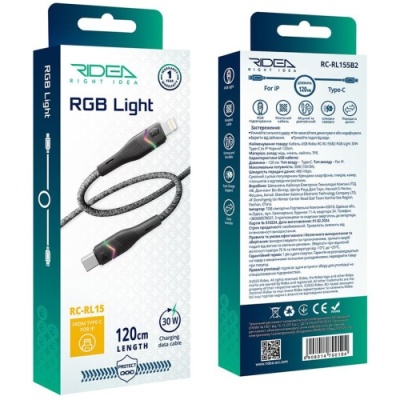 кабель ridea rc-rl15 rgb light type-c - lightning 30w 1.2m (чорний) 