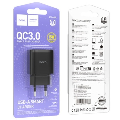 мережевий зарядний пристрій hoco c140a 1usb/18w/qc3.0 (чорний) 