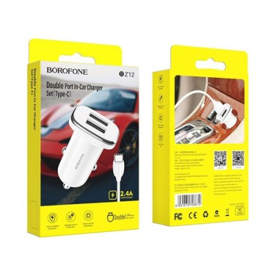 Автомобільний Зарядний Пристрій Borofone BZ12 2USB/2.4A + (USB - Type-C) (Білий)