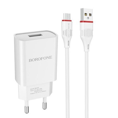 мережевий зарядний пристрій borofone ba20a 1usb/2.1a + (usb - microusb) (білий) 
