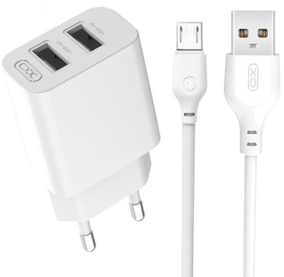 мережевий зарядний пристрій xo l109 2usb/2.4a + (usb - microusb) (білий) 