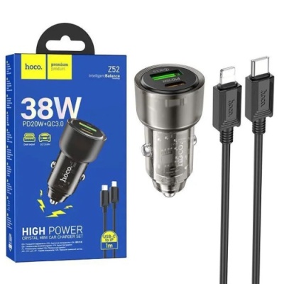 Автомобільний Зарядний Пристрій Hoco Z52 1USB/18W/QC3.0 + 1Type-C/20W/PD + (Type-C - Lightning) (Чорний)