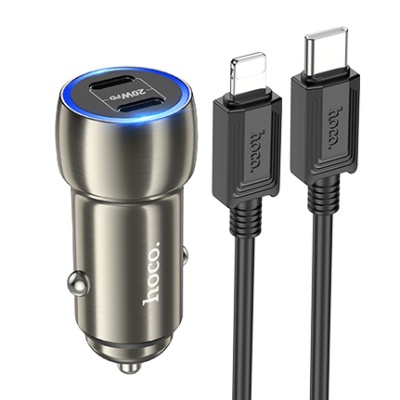 Автомобільний Зарядний Пристрій Hoco Z48 2Type-C/20W/PD + (Type-C - Lightning) (Металево-сірий)