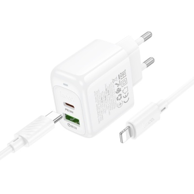 мережевий зарядний пристрій hoco cs54a 1usb/18w/qc3.0 + 1type-c/20w/pd + (type-c - lightning) (білий) 