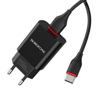 мережевий зарядний пристрій borofone ba20a 1usb/2.1a + (usb - type-c) (чорний) 