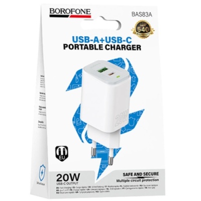 мережевий зарядний пристрій borofone bas83a pd20w + qc3.0 (1usb/1type-c/3a) (білий) 