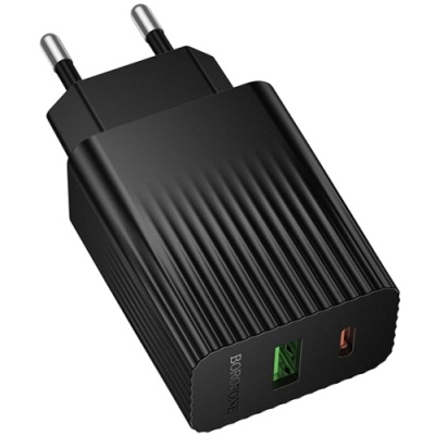 мережевий зарядний пристрій borofone bas74a 1usb/18w/qc3.0 + 1type-c/20w/pd (чорний) 