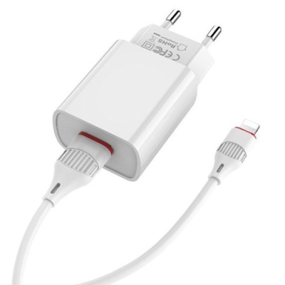 мережевий зарядний пристрій borofone ba20a 1usb/2.1a + (usb - lightning) (білий) 