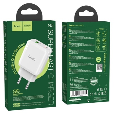 мережевий зарядний пристрій hoco n5 1usb/18w/qc3.0 + 1type-c/20w/pd (білий) 