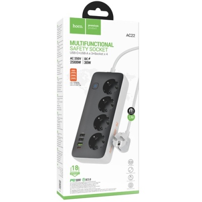 мережевий подовжувач hoco ac22 pd20w (3usb/1type-c/4xsocket) 1,5м (чорний) 