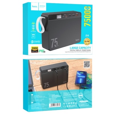 додаткова батарея power bank hoco j94 overlord pd20w+qc3.0 22.5w fully compatible pd20w/qc/lcd 75000 mah (чорний) 