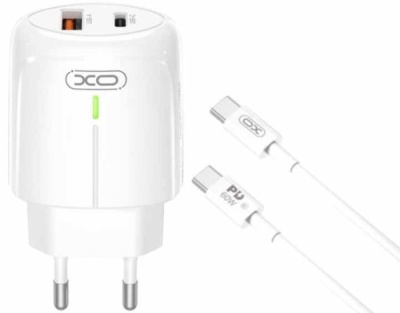 мережевий зарядний пристрій xo l114 1usb/18w/qc3.0 + 1type-c/20w/pd + (type-c - type-c) (бiлий) 