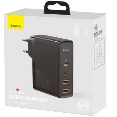 мережевий зарядний пристрій baseus gan2 pro quick charger (ccgan2p-l01) 2usb/60w/qc4.0 + 2type-c/100w/pd (black) 